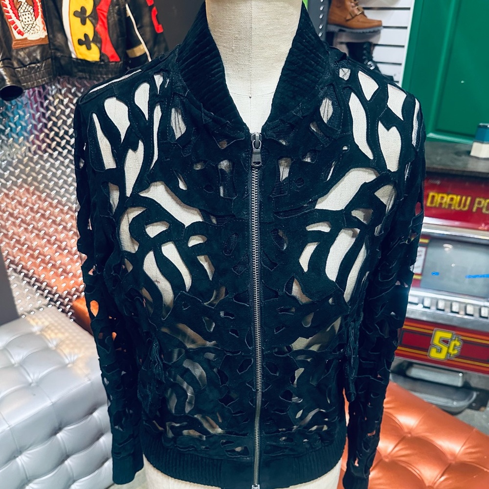 Fancy James Boutique Black Sheer Cutout Genuine Lamb Leather Jacket